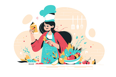 Cooking apron character chef cooking culinary female flat food girl happy hat illustration kitchen tasty time vector vegetables woman