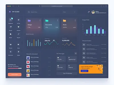 Dashboard UI For Cloud File Storage Dark Version dark dark design dark mode dark theme dark ui dashboard dashboard app dashboard design dashboard ui file management file manager graphs ui design