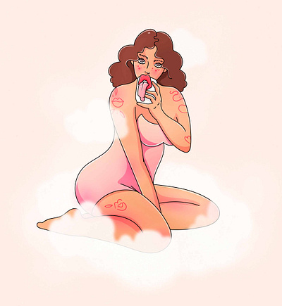Coffee Time beige ceramics character clouds coffee girl illustration pink pinup poster swimsuit tattoos woman