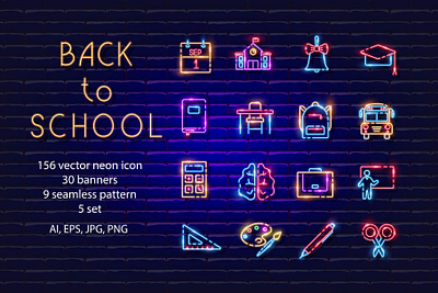 Back to School neon signs back to school design flat glowing icon illustration line logo neon office school sign vector