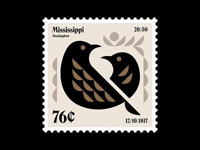 Mississippi stamp bird feathers icon illustration logo mississippi mockingbird nature postage stamp southern stamp symbol the south typography usps