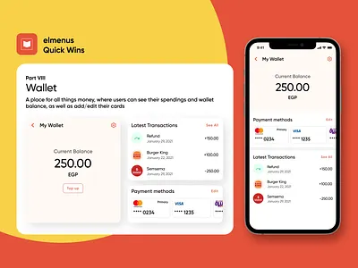 elmenus QuickWins Part 8 - Wallet cash credit debit food food app mastercard money transactions visa wallet