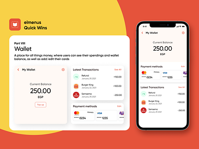 elmenus QuickWins Part 8 - Wallet cash credit debit food food app mastercard money transactions visa wallet