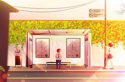 Street abstract boy bus stop character colorful conceptual art couple digital art digital illustration environment girl illustration meeting people school uniform streer students warm youth