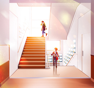 Stairs abstract boy building character college colorful conceptual art couple destiny digital art digital illustration environment girl illustration meeting people warm