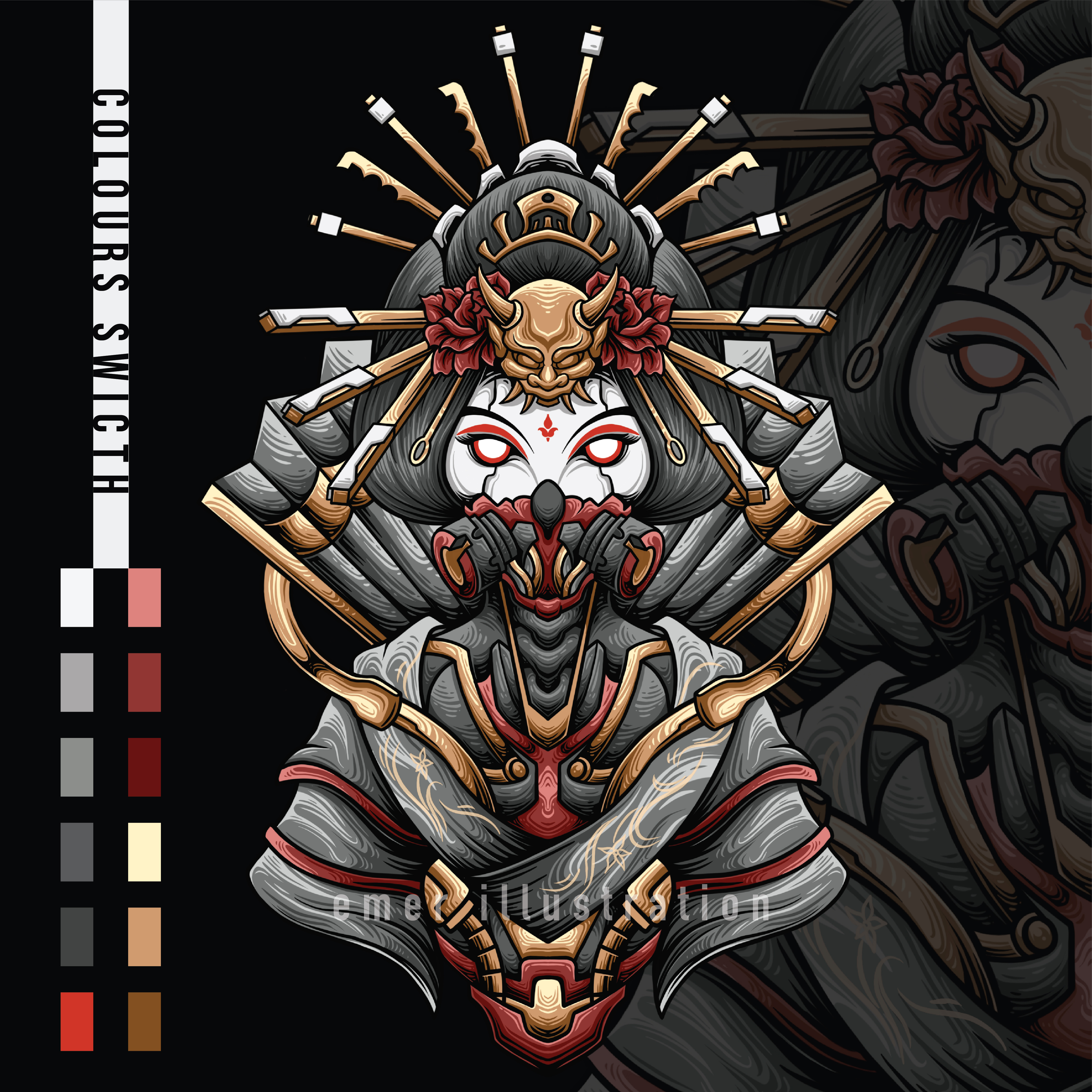 Geisha Machine animal apparel branding classic clothing culture design geisha girl graphic design illustration japanese logo machine vector woman