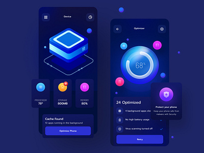 Phone Optimizer cache cleaner dark dark blue dark mode dark theme figma glow memory memory cleaner mobile cleaner mobile optimizer optimization optimize optimizer phone cleaner phone optimizer progress protect storage