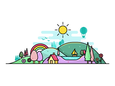 Spring Illustration design flower hot air balloon illustration modern outline rainbow season spring