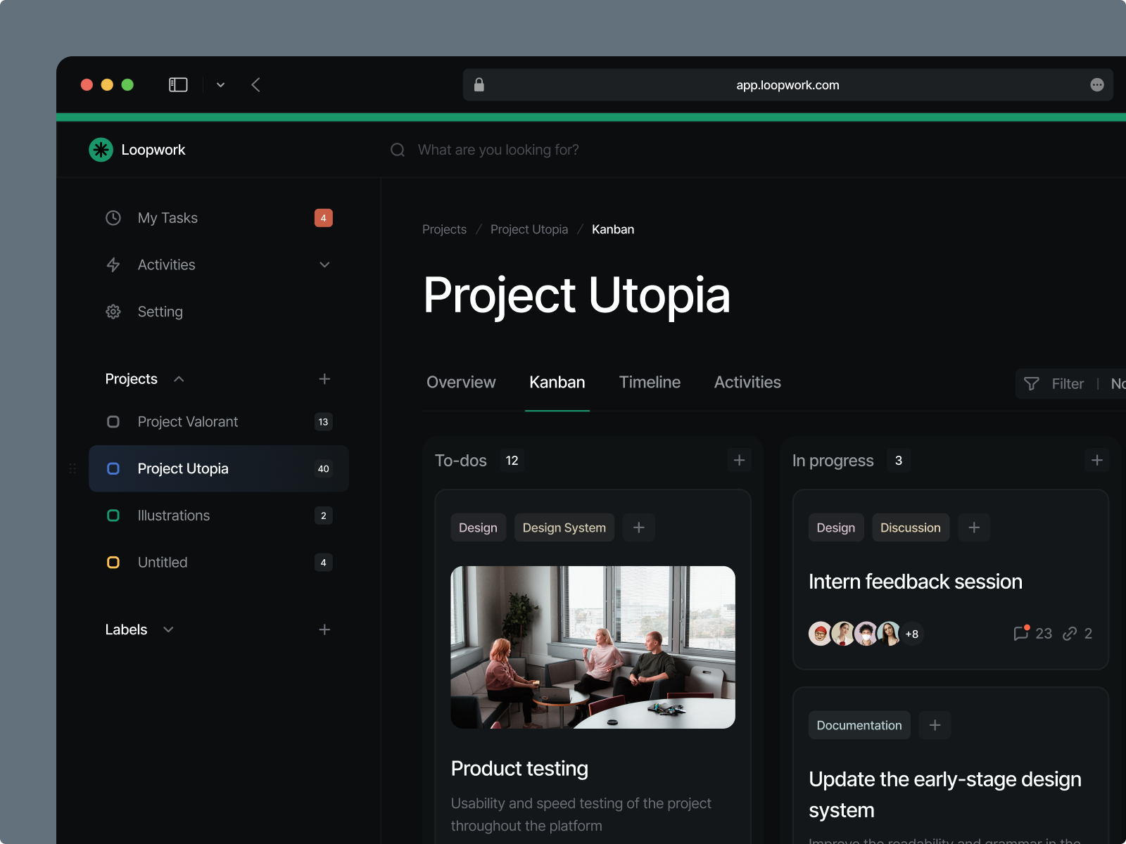 Loopwork — Project Management Platform darkmode design desktop kanban minimal modern productivity project project management saas sidebar task task app task management team ui web app