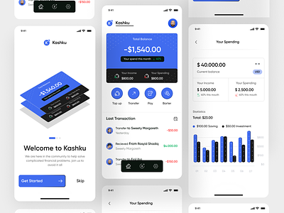 Kashku - Financial Apps app bank card chart clean design finance app financial fintech mobile mobile design money money management money transfer report transaction ui ui mobile ux wallet