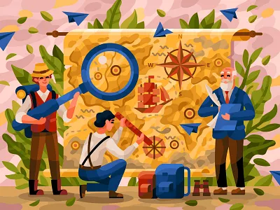 Research process coloring book discovery exploration flatdesign gallery game illustration geographic geography illustration map scientist spring vector vector illustration