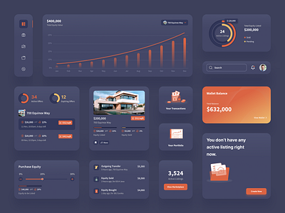 Equity UI Design Elements - Dark Theme balance blockchain component design components dashboad design elements equity home equity house listings offers portfolio product product design progress bar property ui elements uidesign uiux