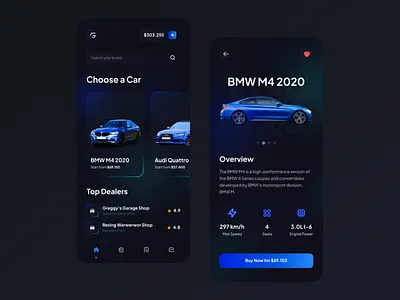 Car Shop App 🏎️ application blue bmw booking car car shop choose clean dark dark mode dashboard ui design driver mobile mobile app design mobile ui rental shop transport transportation design