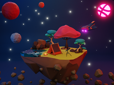 dribbble debut 3d 3d art b3d blender cycles debut dribbble fantasy first shot illustration island lake planet rock space spaceship star tent tree