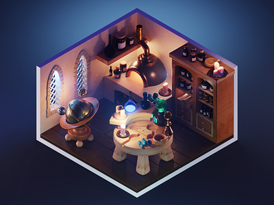 Alchemist Night Shift 3d alchemy blender diorama fantasy illustration isometric lowpoly lowpolyart medieval render room substance painter