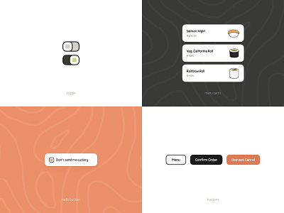 Sushi UI Components branding buttons cards design system food order app japanese radio button sushi sushi roll toggle toggle switch ui