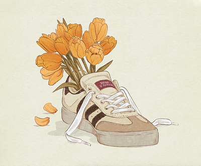 Samba Sneaker with tulips – Reuse & Reduce adobe fresco artwork book illustration digital illustration digitalart fashion illustration floral illustration freelance illustrator outfit procreate sneaker sport illustration still life tulip upcycled