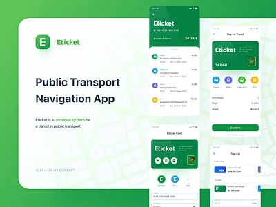 Eticket App — Green Ver. app balance bank card banking banking app colorful map navigation payment app payments topup transfer money transport travel ui design user inteface ux design