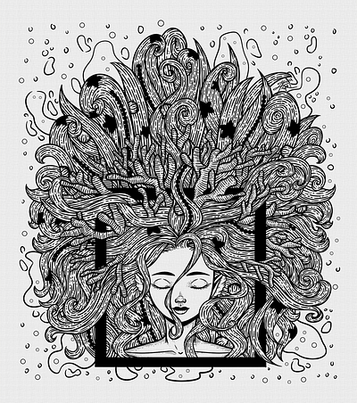 Ocean Wave art bubbles corals crown drawing fish flowing hair illustration lady line line art ocean pearls personification star tiara wave waves woman