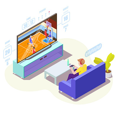 Isometric young man gamer playing basketball video game with con basket basket ball basketball player cartoon concept digital digital illustration display hoop illustration isometric smart sport sports design vector