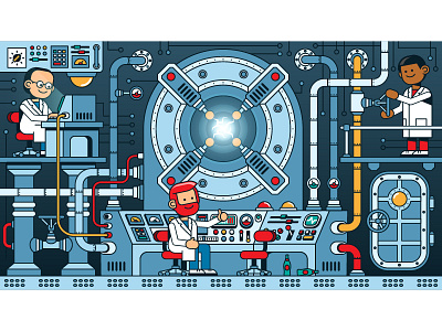 Team of scientists starts reactor in the control room antimatter control panel experiment experimental lab laboratory machine nuclear nuclear physics physics reactor science science and technology scientists steampunk teams teamwork