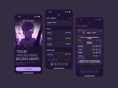 Awaken - Habit Tracker Mobile App UX/UI anime app appdaily daily planning fitness habit tracker mobile app productivity productivity tools solo leveling sung jin woo task management tracker ui ux visual planning