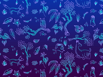 Night Forest Surface Pattern adobe illustrator animals blue creatures flowers glowing illustrator mushrooms night pattern plants purple surface pattern surreal trees