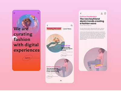 Fashion Magazine App beauty blogs boyfriendjeans branding design digital experiences fashion fashionapp graphic design health mobileapp pinkgradient purplegradient trending trendsetters typography ui ux web