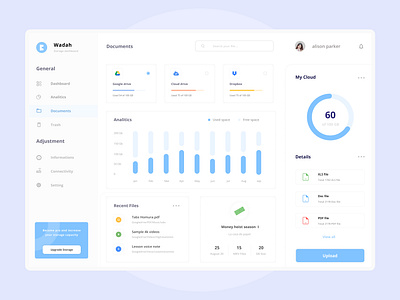 Storage management dashboard blue branding chart clean cloud dashboard desktop illustration landing page management modern money storage ui webdesign website white