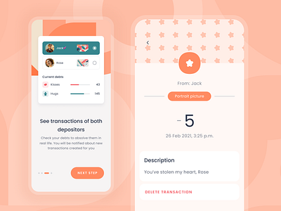 Transaction page from TheLoveBank app bank budget button clean credit delete description finance financial graphic icons income love manage mobile onboarding slider titanic