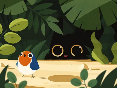 The Hunter animals bird cat character design color cute illustration nature photoshop plants prey texture wildlife