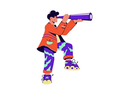 The guy looks through the spyglass art busines business character design flat google guy hire hiring people s people search solution spyglass streetwear telescope travel trip vector