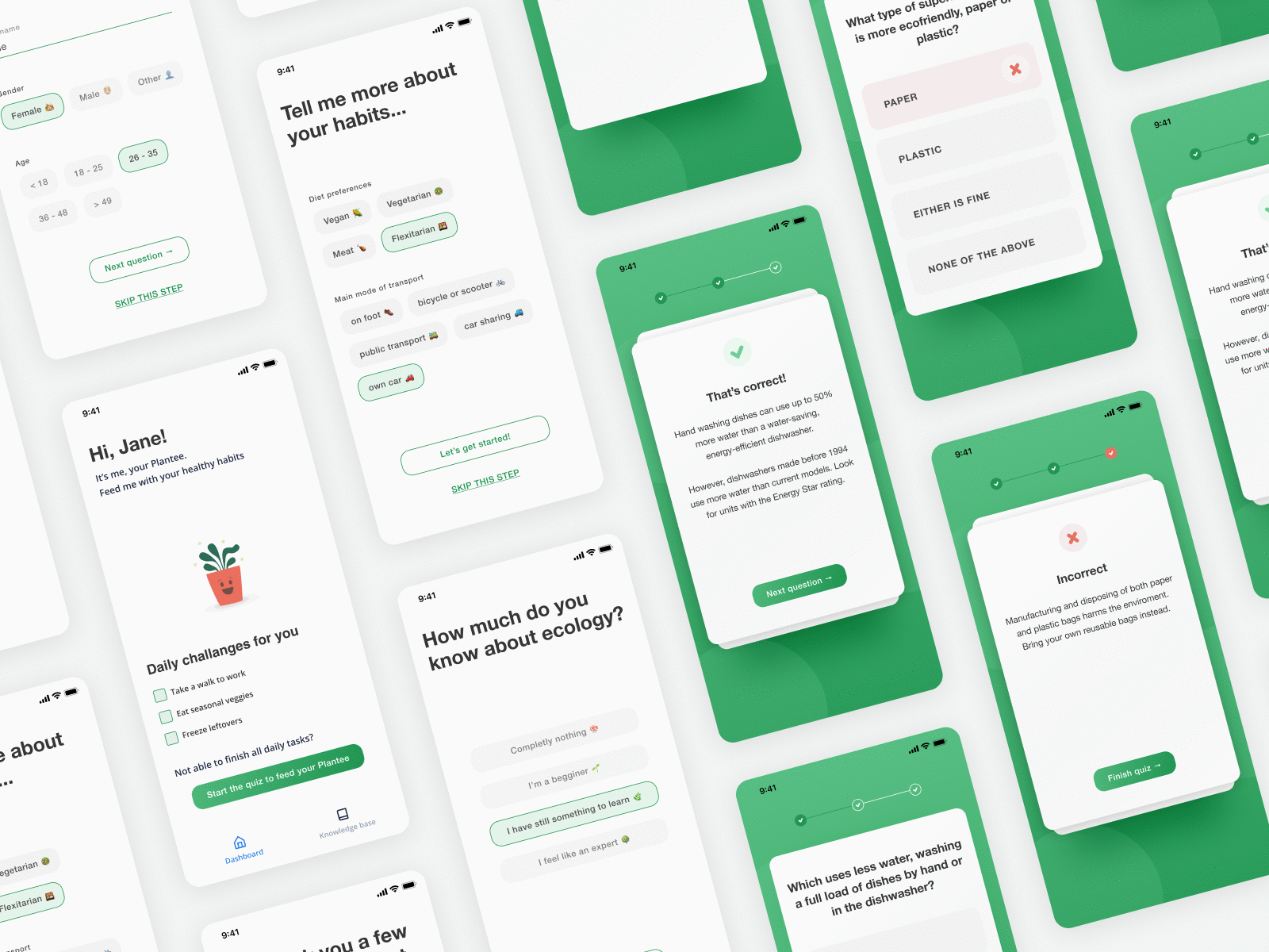 Eco habits mobile app ui screens app design dashboard ecology green habit tracker habits minimalist mobile app mobile design quiz ui uidesign uiux