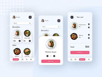 Food order - mobile app app blue design figma food food app food illustration mobile mobile app order pink ui uiux ux