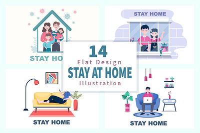 14 Stay at Home Flat Design covid digitalart illustrations vector