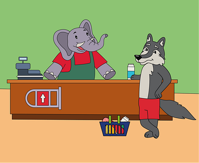 wolf and an elephant in a store character elephant character wolf elephant cashier fairy fairy tale illustration wolf векторная иллюстрация волк волк и слон детская иллюстрация персонаж персонаж волк персонаж слон слон слон кассир