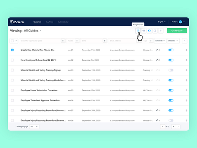 OnScreen Admin Guide Panel View admin panel app buttons clean dashboad dashboard ui design enterprise filtering hover interface interface design list minimal sorting table ui ux web widget