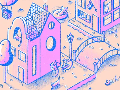 Pets Amsterdam banner amsterdam banner boat canal cats dogs header hero houses icons illustration isometric picnic procreate shopify trees webdesign website