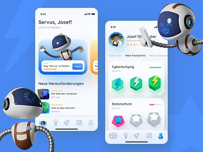 Sicher Surfen Mobile App 3d 3d art 3d character 3d robot achievements app bages children app clean design game game design gamification illustration kids kids app profile progress bar robot ui