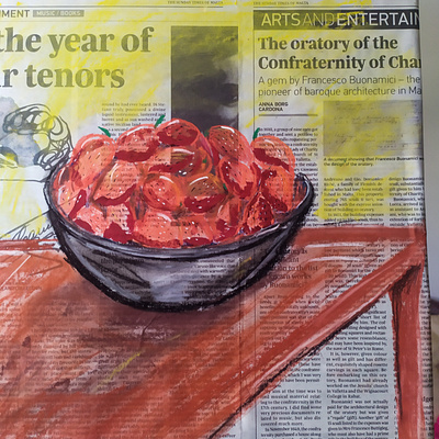 Strawberries on a Newspaper, Mixed Media, Food Drawing, Gouache gouache illustration mixedmedia newspaper