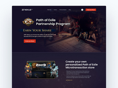 Path of Exile + Nexus Partnership Program Landing Page armour branding creators design gaming landing page nexus nexus.gg partnership path of exile poe web design