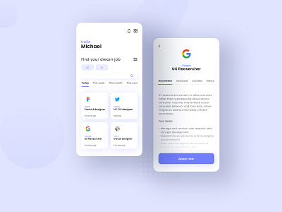 Find your dream job - app concept app blue clean concept figma find google job job application mobile app slack twitter ui uiux ux uxui work