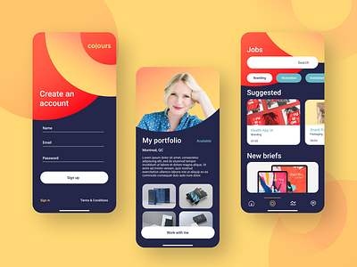 Colours- An App For Creatives app branding color creative design designers jobsearch portfolio page ui ux vector