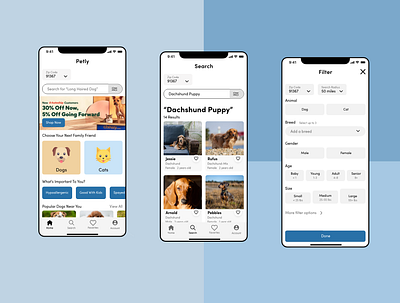 Petly 2021 adobe adobexd app cats dachshund dogs dogstudio filter mobile pet adoption pet app pets petshop ux uxui