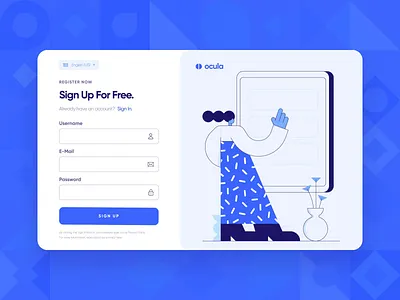 Ocula — UI/UX Login Screen Interaction 4 2d animation blue button flat form login microinteraction motion graphics onboarding productivity register sign in sign up startup success ui ux web web design