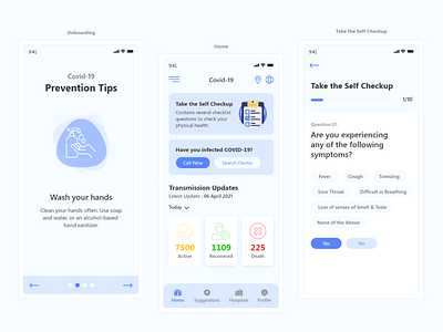 COVID-19 App UI Ideas covid 19 healthcare mobile app design onboarding prevention self check