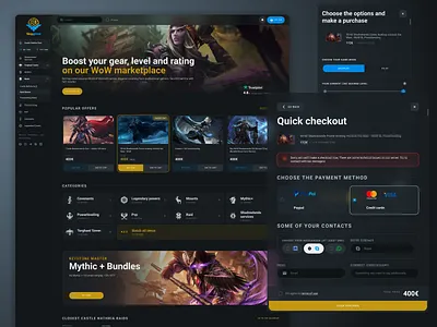 Gaming e-commerece: Homepage & Checkout page dark theme esports figma gaming gaming marketplace ui ux web design world of warcraft wow