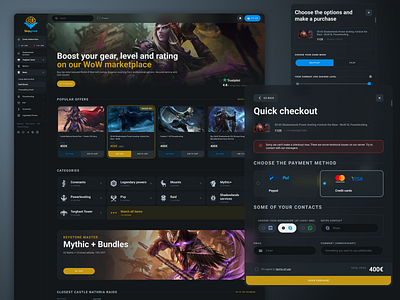 Gaming e-commerece: Homepage & Checkout page dark theme esports figma gaming gaming marketplace ui ux web design world of warcraft wow