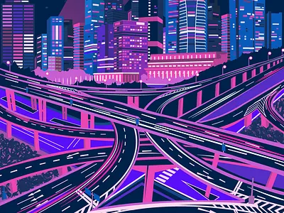 Cityscape antographics blue city city lights cityscape cyber cyberpunk dark illustration illustration art neon pink purple roads vector art vector illustration wallpaper design