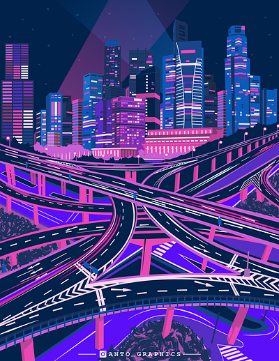 Cityscape antographics blue city city lights cityscape cyber cyberpunk dark illustration illustration art neon pink purple roads vector art vector illustration wallpaper design